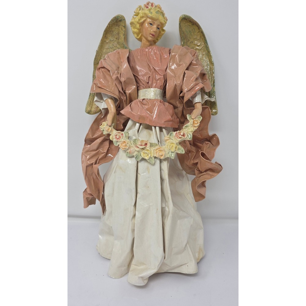 Amlings Angel Paper Mache  Christmas Tree Topper Figurine with Wreath and Wings‎